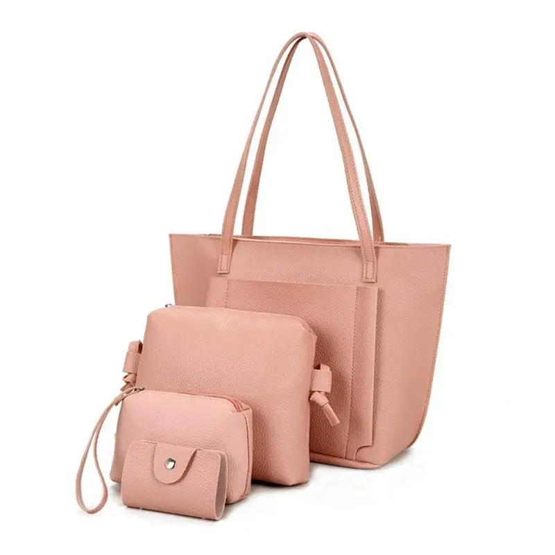 

ABZC-Women Fashion PU Leather Handbag Shoulder Bag Purse Card Holder 4pcs Set Tote Bags (Pink)