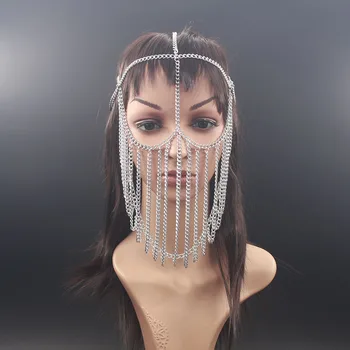 

Fashion Luxury silver color Face mask chain Metal Long tassel Head Chain Party Hair Accessories Headpiece Jewelry for Women