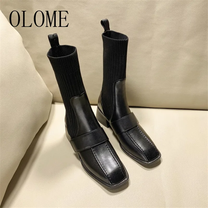 

OLOME New Fashion Black Women Ankle Boots Square Toe Slip On Chunky Mid Heel Women Autumn Winter Boots Shoes Woman
