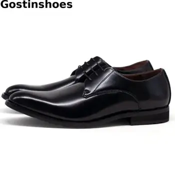 

Classic Men Leather Shoes Black Genuine Leather Formal Dress Derby Shoes Lace Up Pointed Toe Office Party Wedding Business Shoes