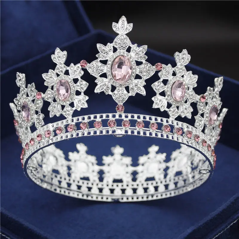 Silver Pink Модная диадема, диадема с красными кристаллами, диадема и корона, стразы, круглый круг, королевская голова, ювелирные изделия, свадебные аксессуары для волос - Окраска металла: Silver Pink