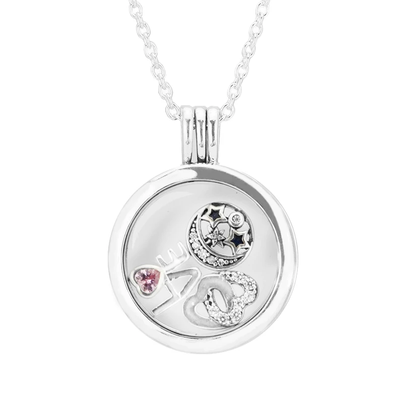 QANDOCCI Medium Floating Locket Silver Necklace With Love, Heart&Star 100% 925 Sterling Silver Necklace DIY Jewelry