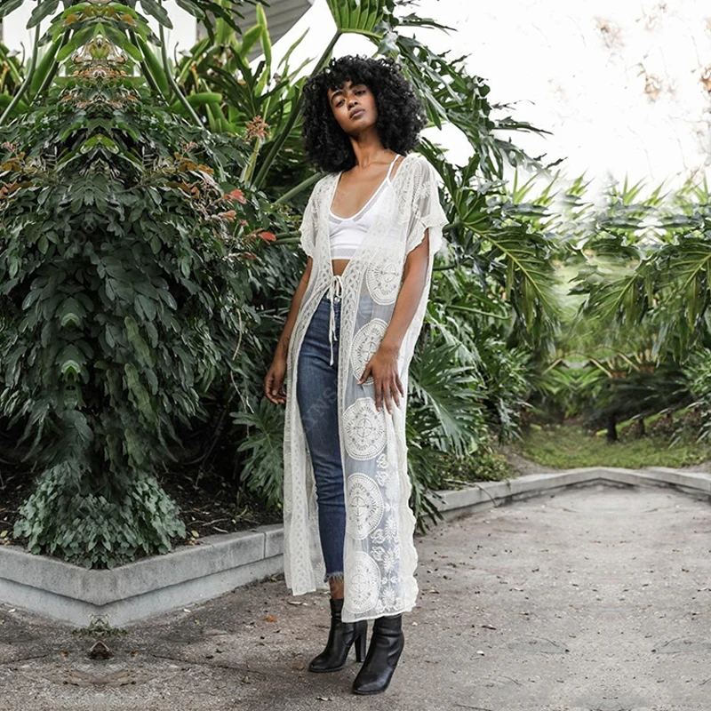 Kimono largo transparente para mujer, túnica de encaje negro de