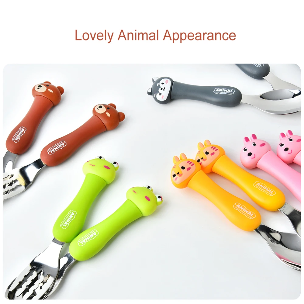 2Pcs Kids Silverware Cute Spoon Fork Travel Carry Set Children Portable Tableware Toddler Utensils Spoon Fork with Travel Case