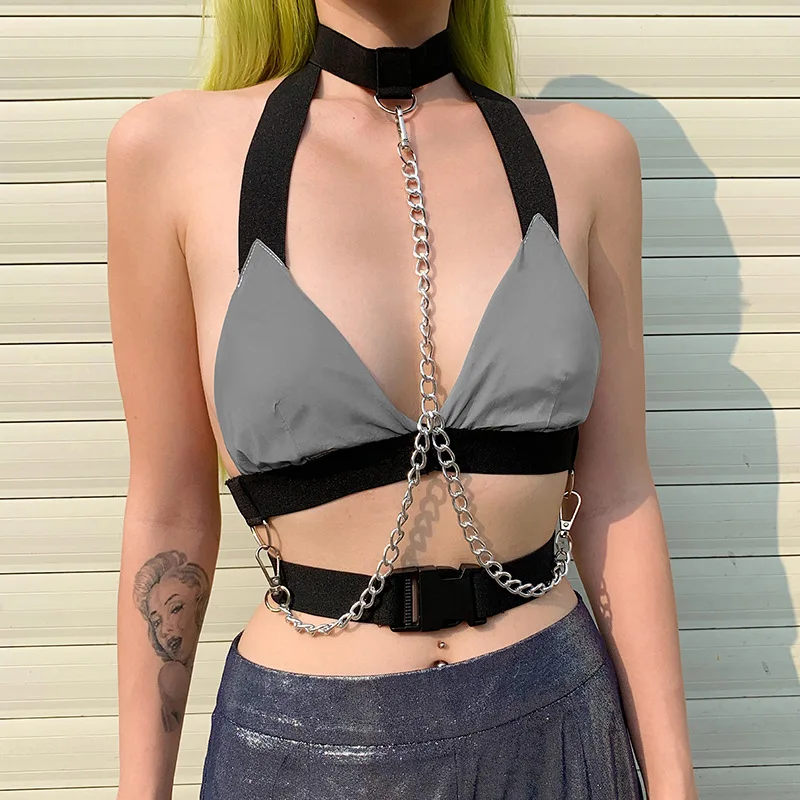 Sexy Hip Hop Women Reflective Shiny in the night Party club wear Backless Halter Metal Chain Buckle Cami Bra Crop Tops
