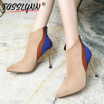 

TASSLYNN 2019 Winter Boots Women Mixed Color Boots Short Plush Women Boots Thin High Heels Pointed Toe Shoes Ankle Boots 34-40