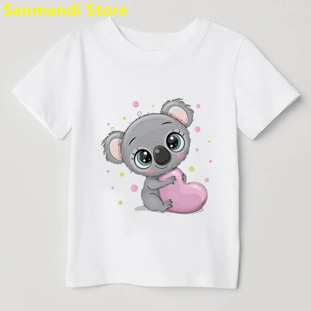 Lovely Koala Pink Love Cartoon Print Tshirt Girls Summer Kids Clothes White  Pink Short Sleeve T-Shirt Children Clothes T-Shirt - AliExpress