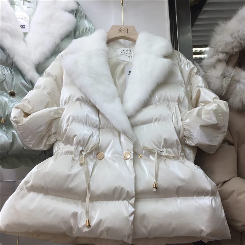 Куртка с воротником из натурального кроличьего меха, женская зимняя куртка, зимнее пальто, новое зимнее свободное хлопковое стеганое плотное Стеганое пальто, женская куртка