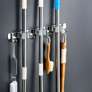 

1pcs Bathroom Storage Rack Mop Holder Broom Hook Punch-free Cleaning Tools Organizer for Home Shop Grey A30