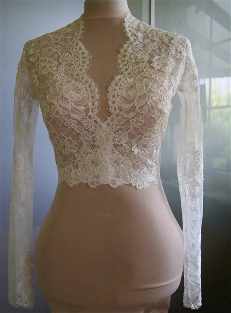 Luxury High V Neck Wedding France Lace Appliques White Ivory Jackets Long Sleeve Bridal Wraps Shawl Shrug Size Jacket