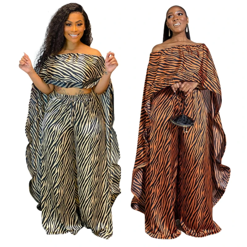 Zebra Pattern Printed Two Piece Set Women Off Shoulder Cropped Cloak Wide Leg Pants Palazzo Loose Oversized Outfits Sexy Casual |