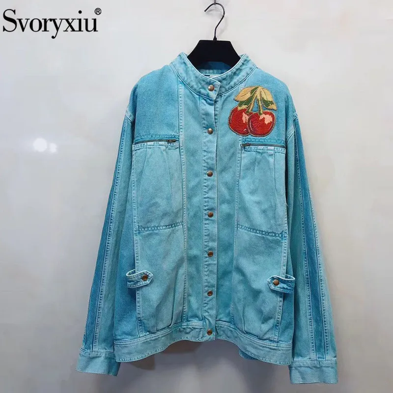 

Svoryxiu Designer Autumn Winter Denim Jackets Coat Women's Fashion Cherry Embroidery Applique Loose Blue Denim Jackets Outwear