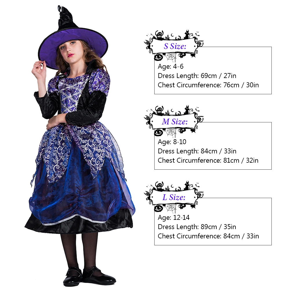 Лидер продаж костюм ведьмы на Хэллоуин для девочек платье и шляпа L/S/M комплект