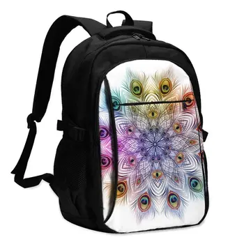 

Hot USB Charging Laptop Women's Backpack For Teenage Students Girls School Backpack Colorful Peacock Feathers Travel Bagpack