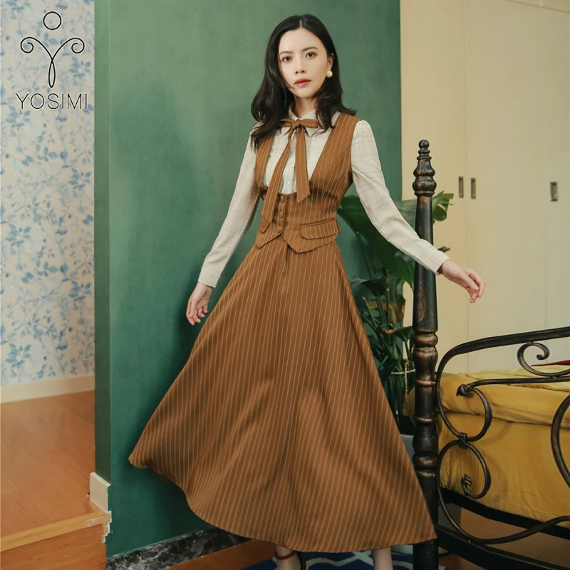 YOSIMI Осень-зима 2019 клетчатая рубашка с длинным рукавом топ и полосатый жилет юбка