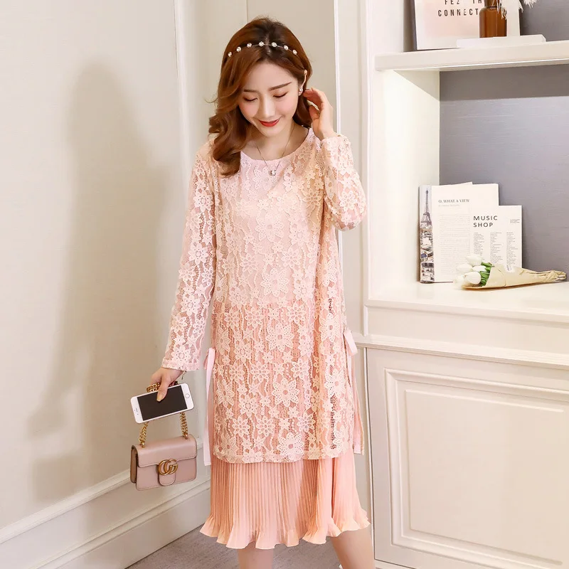 

Maternity Clothes 2018 Spring New Style Large Size Lace Joint Chiffon Fake Two-Piece Dress