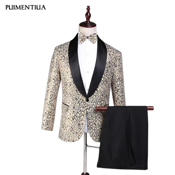 

Puimentiua Men Classic Three-piece Suit Stage Suit Wedding Suits Print Blazer+ Pant+Tie Party Costume S-2XL