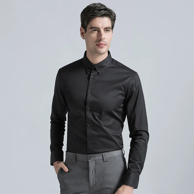 Men's Dress Shirt Brands New Fashion Regular Fit Shirts Business Long Sleeve with Cufflink Collar Button Solid Color