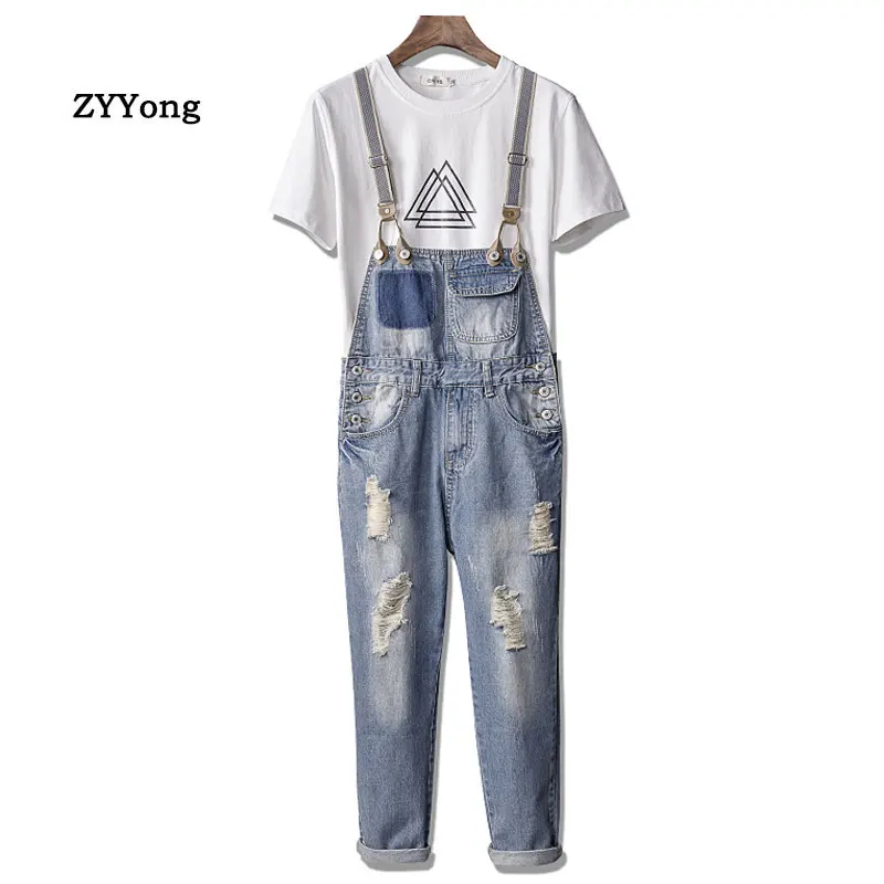 

Man Ripped Jeans Bib Overalls Ankle Length Light Blue Streetwear Hip Hop Hole Denim Jumpsuits Trousers Leisure Freight Pants