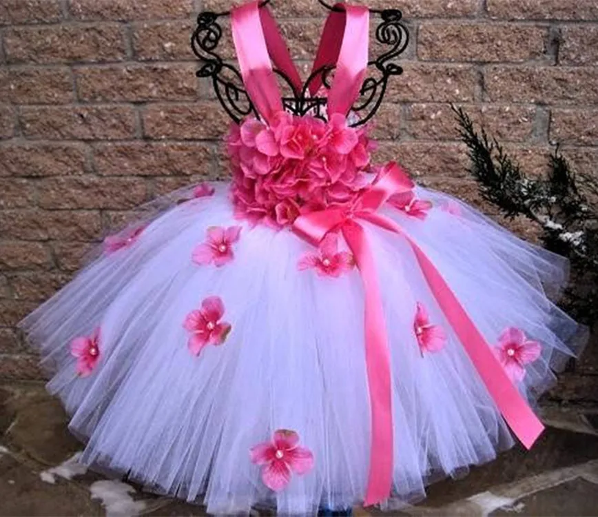 Girls White Tutu Dress Kids Tulle Dress Red Petals Flower Ribbon Bow Children Birthday Bridal Wedding Costume