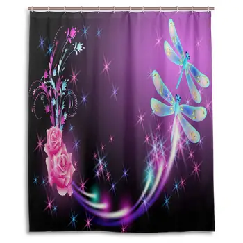 

Flying Shine Dragonfly Butterfly Rose Flowers Shower Curtain Polyester Waterproof Purple Stars Floral Butterfly Dragonfly Bath