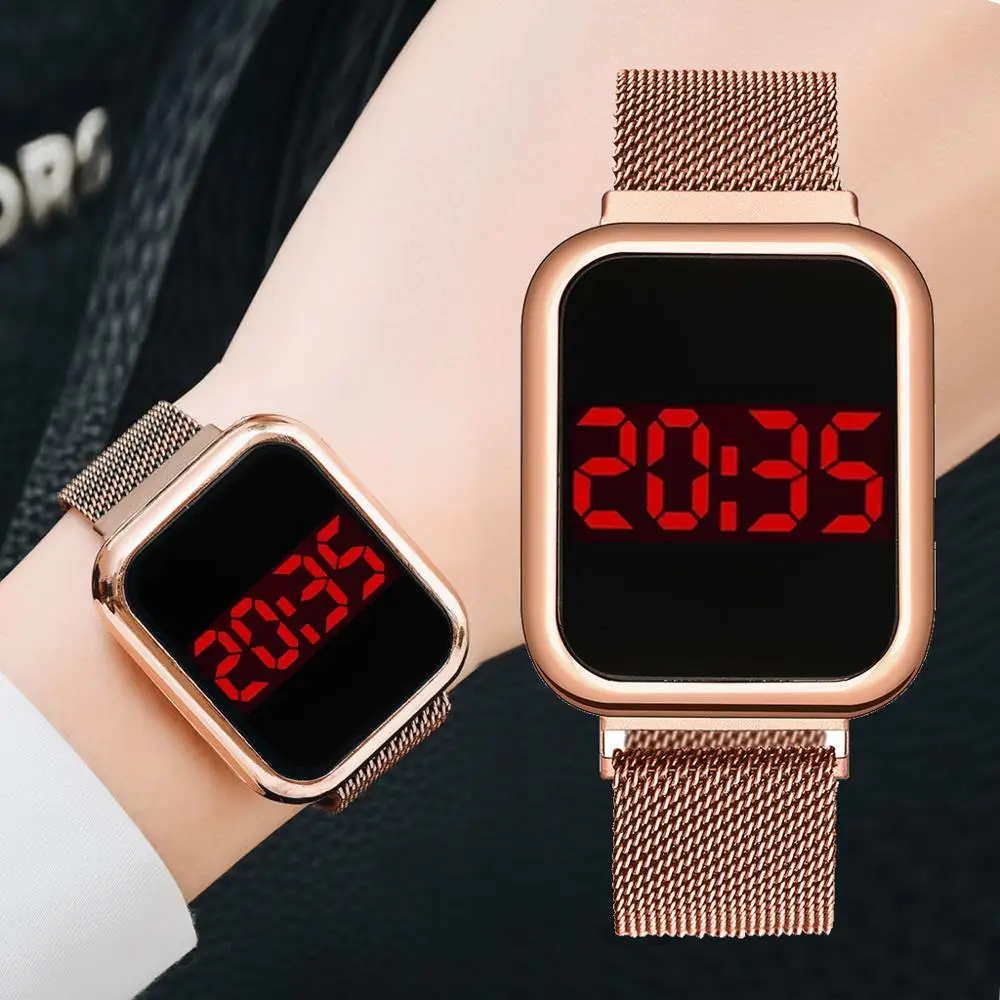 Jam Tangan Magnet Layar Sentuh Digital Led Mewah Untuk Wanita Jam Tangan Kuarsa Gaun Persegi Warna Rose Gold Jam Wanita 2020 Relogio Feminino Wanita Jam Tangan Aliexpress