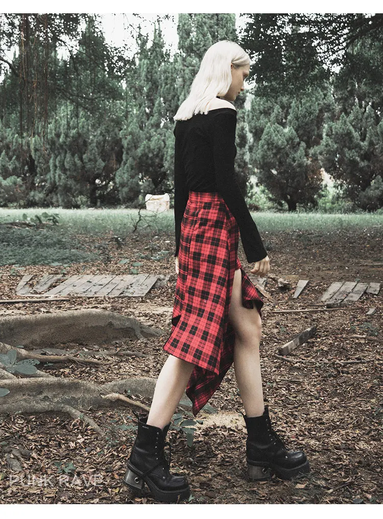 Punk Rave Women's Plaid Irregular Skirt Female Section Rock Style A Word Casual Skirt