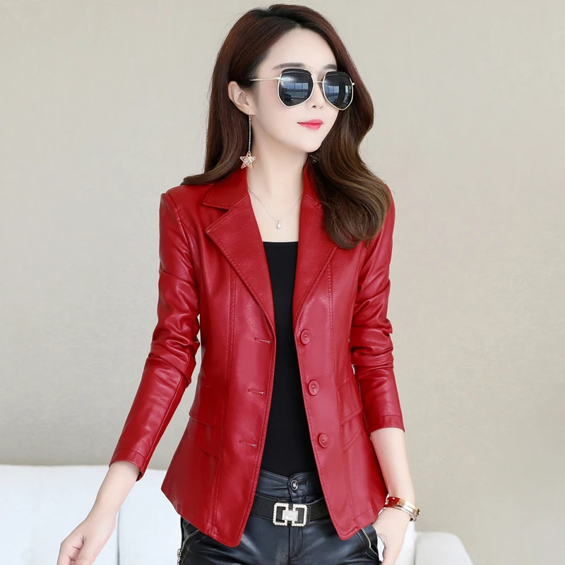 Wine Red Модный женский кожаный блейзер размера плюс 5XL, Женская куртка из искусственной кожи, осенне-зимняя короткая мотоциклетная кожаная куртка, женская верхняя одежда - Цвет: Wine Red