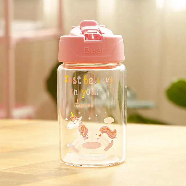 Стеклянная бутылка для воды с единорогом для детей с соломинкой и откидной крышкой для девочек Герметичная Бутылка для путешествий BPA Бесплатно 300 мл, 400 мл - Цвет: 400ml Pink