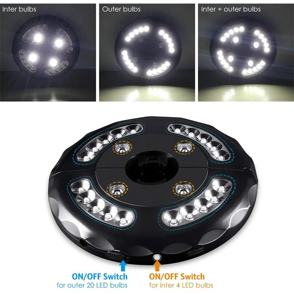 400LM Patio Umbrella Lights Rechargeable 28 LEDs 2 Level Dimming Switch Cordless Umbrella Pole Light for Camping Tents Balcony