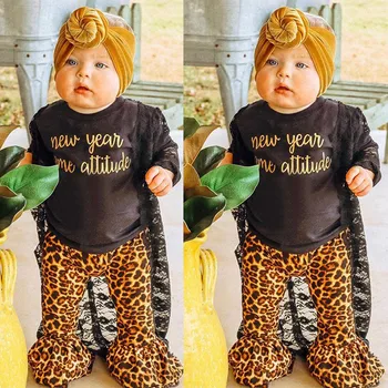 

Newborn Toddler Baby Girl clothes ropa niña одежда для новорожденных New Year Letter Tops Leopard Print Pants Trousers Set