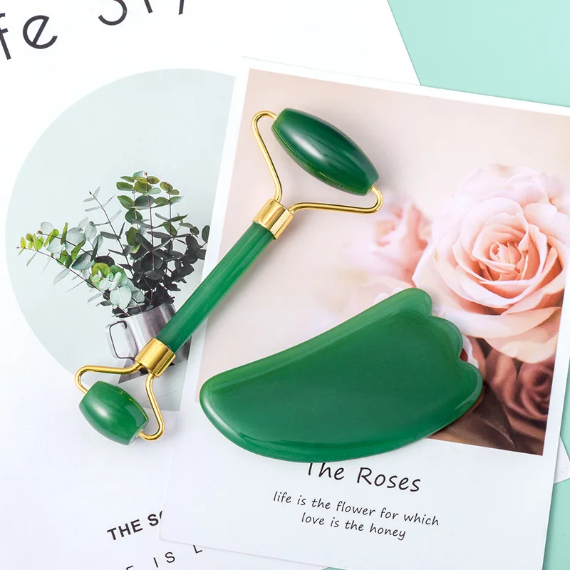 

Jade roller thin face beauty tool jade roller facial massager relax weight loss double head green suit jade massage push