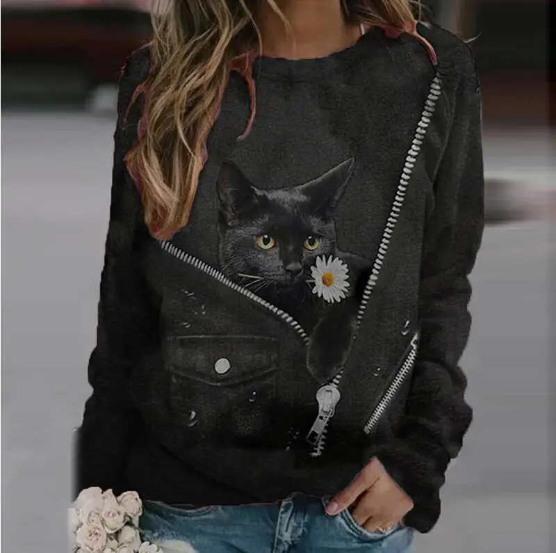 shirts & tops Kawaii Black Cat Zipper Print Women Blouse Shirts Casual Crew Neck Long Sleeve Lady Tee Plus Size Loose Aesthetic Pullover Tops blouses & shirts Blouses & Shirts