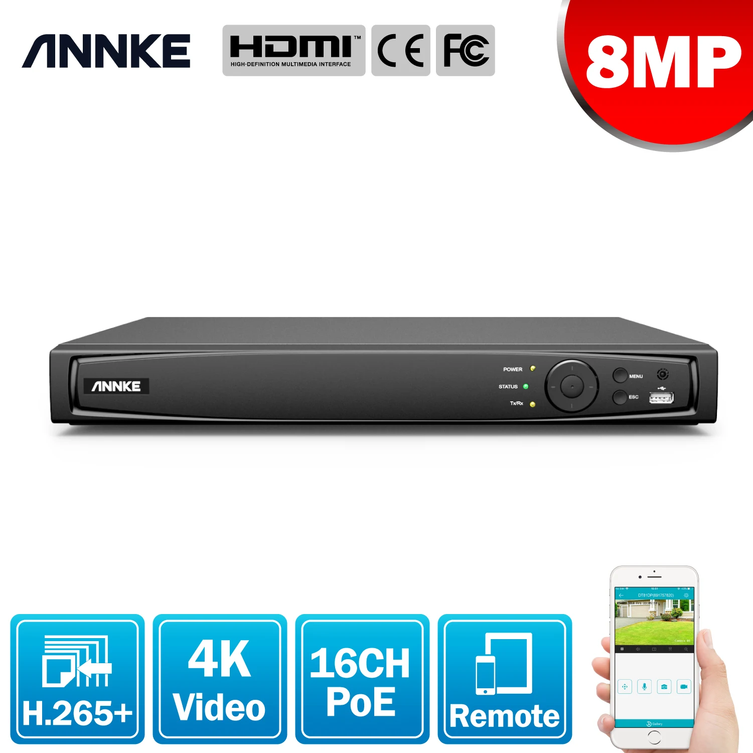 Annke 16Ch 8Mp Poe Nvr 4K Videoregistratore Di Rete Nvr Per Poe Ip Camera P2P Cloud Funzione Plug And Play