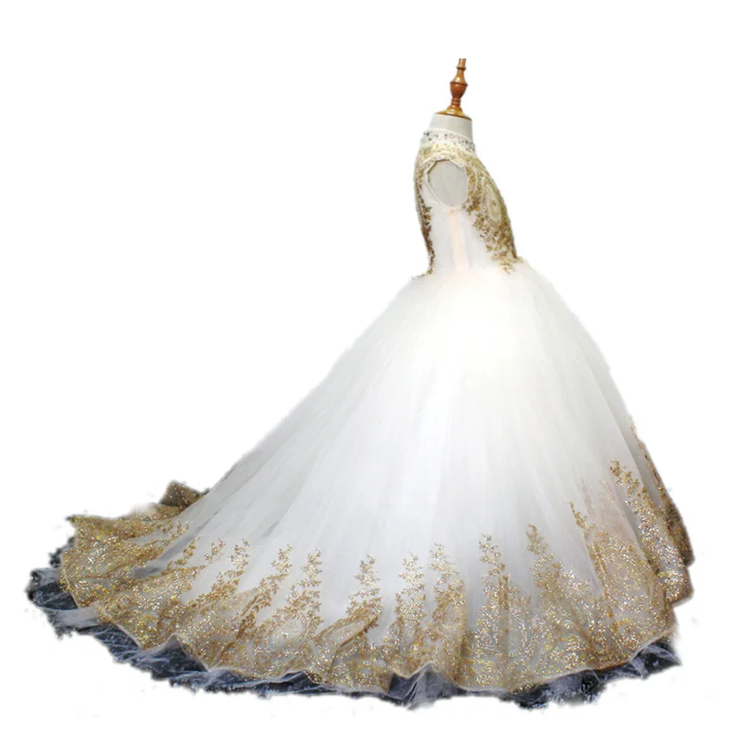 Милое Золотое кружевное длинное платье с цветочным узором для девочек на свадьбу, бальное платье с бисером для девочек, платья для первого