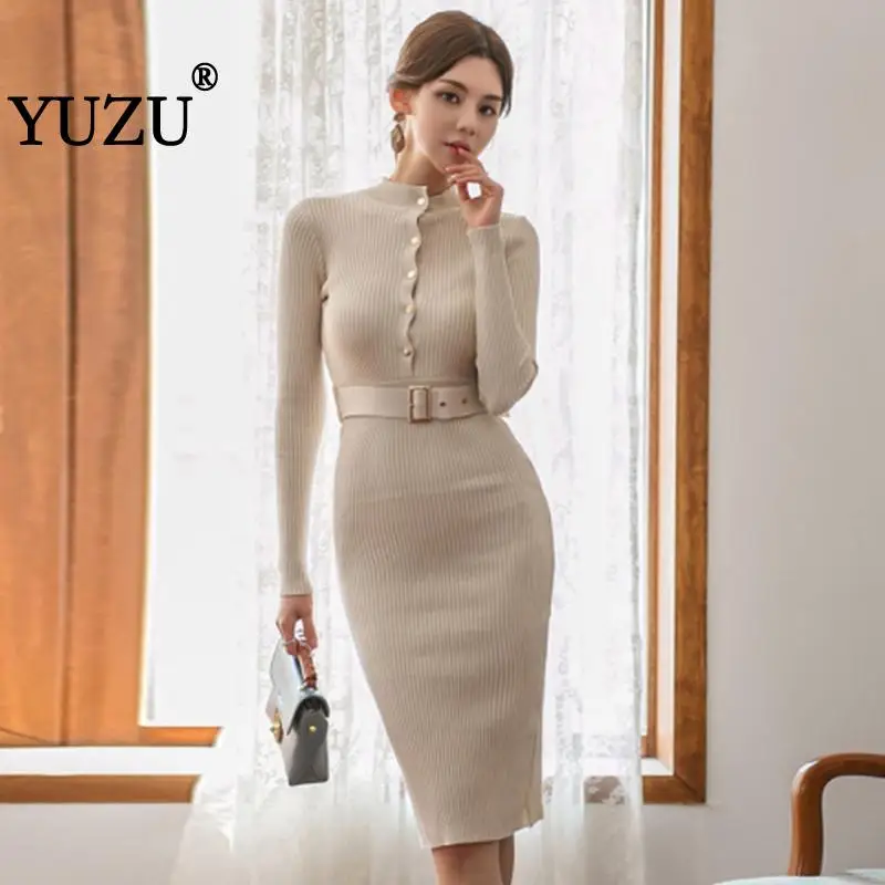 

Knitted Dress Women Single-breasted Sashes Stretch Elegant Sweater Dresses Office Casual O Neck Long Sleeve Fashion Winter Dress