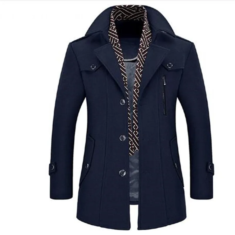 Men Coat Wool Overcoat Turn Collar Warm Jackets Woolen Men Coats And Blends With Scarf Breathable Outwear 18423-5