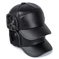 Bomber Hats Winter Men Warm Russian Ushanka Hat with Ear Flap Pu Leather Fur Trapper Cap Earflap 2
