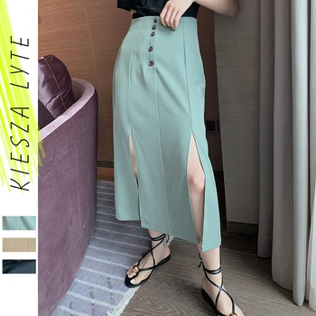 

Womens Skirt 2020 new summer High Waist Sexy Slit Solid Green Black Khaki Casual Chic Skirts Office Lady Faldas Mujer Moda