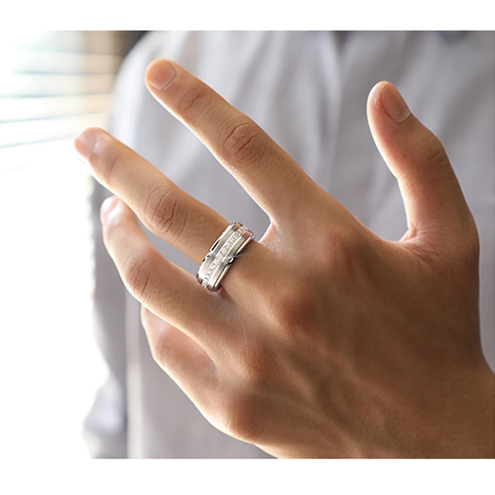 Newshe Mens Promise Wedding Band Tungsten Carbide Rings For Men Charm Ring 8mm Size 9-13 AAA White Round Zircon Jewelry TRX058
