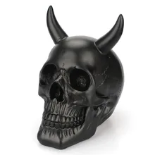 Статуэтка-череп дьявола на Хэллоуин, черные смоляные рога, миниатюрное украшение для дома, винтажное украшение для дома