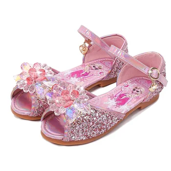 

Princess Kids Leather Shoes for Girls Casual Glitter Children low Heel Girls Shoes Blue Pink Silver Elsa party shoe