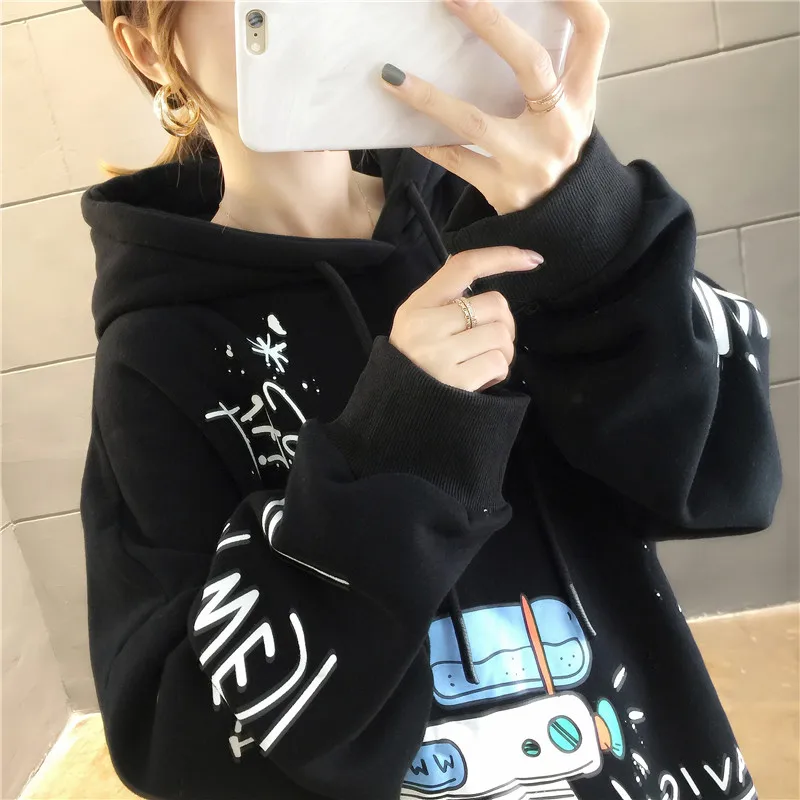 Брендовые женские толстовки осень зима размера плюс 2XL Kawaii топ с принтом Свободный корейский стиль длинный рукав повседневная черная плотная одежда