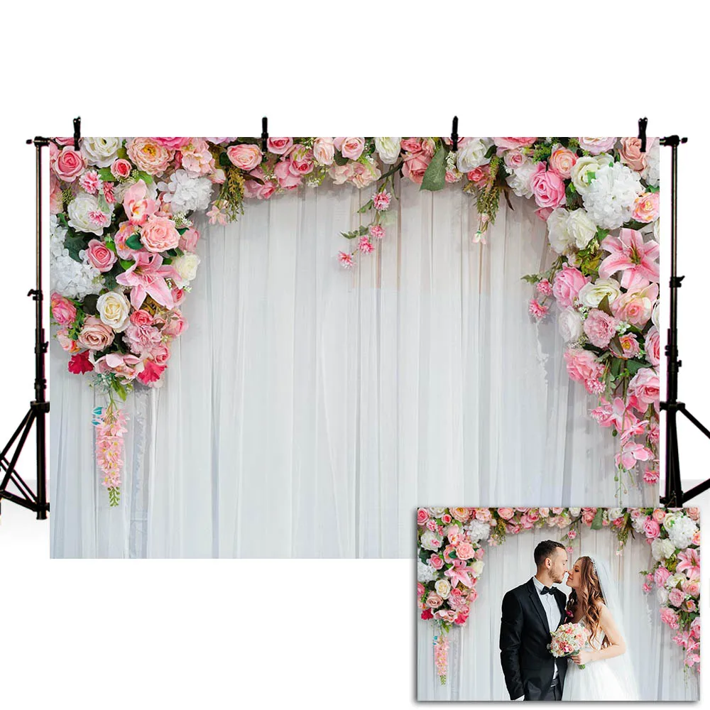 Mehofond Wedding Wall Backdrop Pink Flower White Curtain Ceremony Birthday Party Photography Backgrounds Photo Studio Decor Prop |