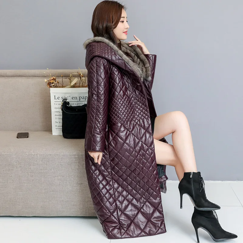 

High-end Faux Fur Coat Fashion Elegant Leather Winter Jacket Mid-Length Hooded Thicken Women Overcoat Casaco Feminino With Belt