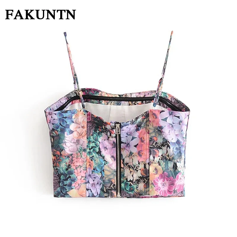FAKUNTN Women's Cami French Retro Oil Painting Style Crop Tank Top Female Cami Fashion Sexy Sleeveless Top On Thin Straps Women