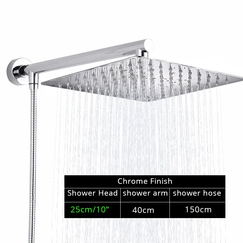 10inch Chrome Set Черная ультратонкая насадка для душа, настенный кронштейн для душа Bar150cm, душевой шланг, набор для ванной комнаты - Цвет: 10inch Chrome Set