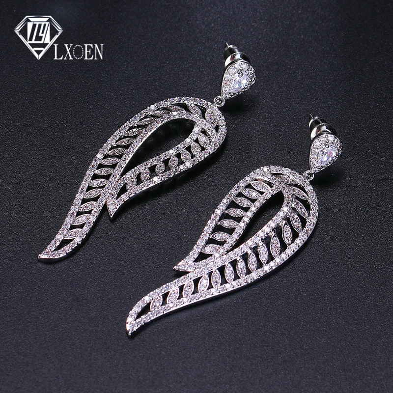

Luxury Trendy Feather Leaf Long Drop Earrings Gold Color Cubic Zirconia Wedding Party Earring Fashion Jewelry for Women