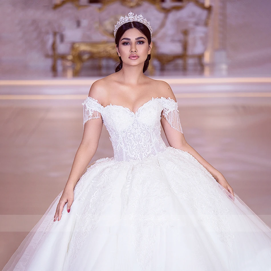 Vestido novia, Сексуальное Милое бальное платье с королевским шлейфом, свадебное платье, роскошное кружевное свадебное платье принцессы с открытыми плечами