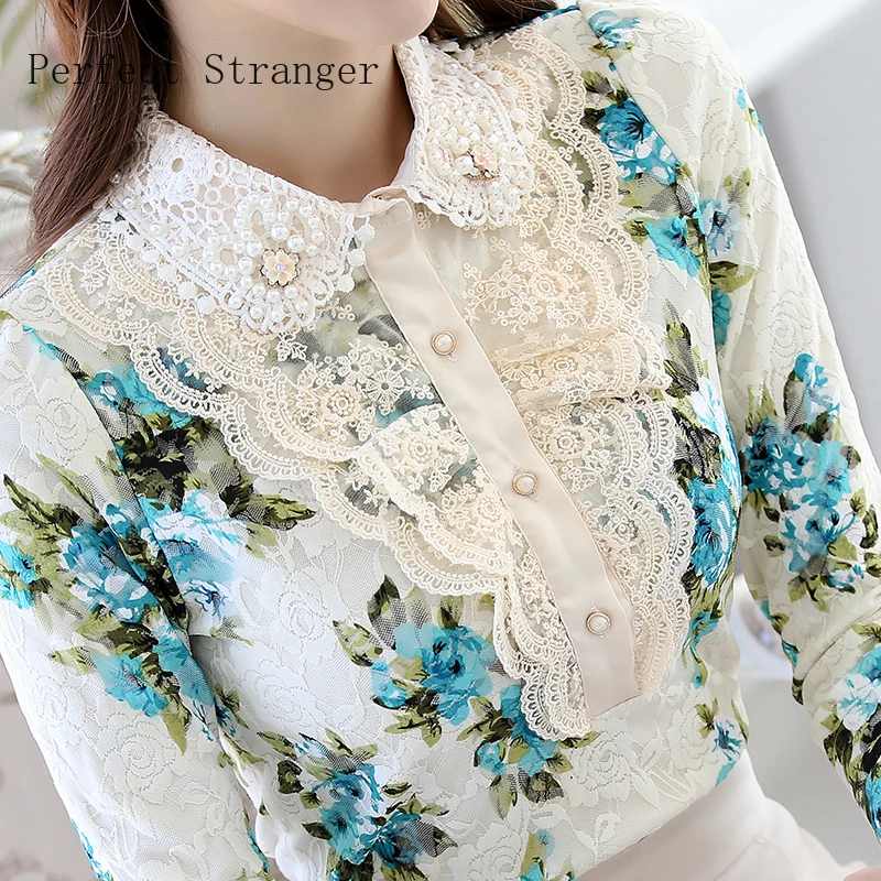 2019 Winte New Arrival High Quality Fashion Peter Pan Collar Thicken Fleeces Flower Printed Woman Lace Blouse Green | Женская одежда